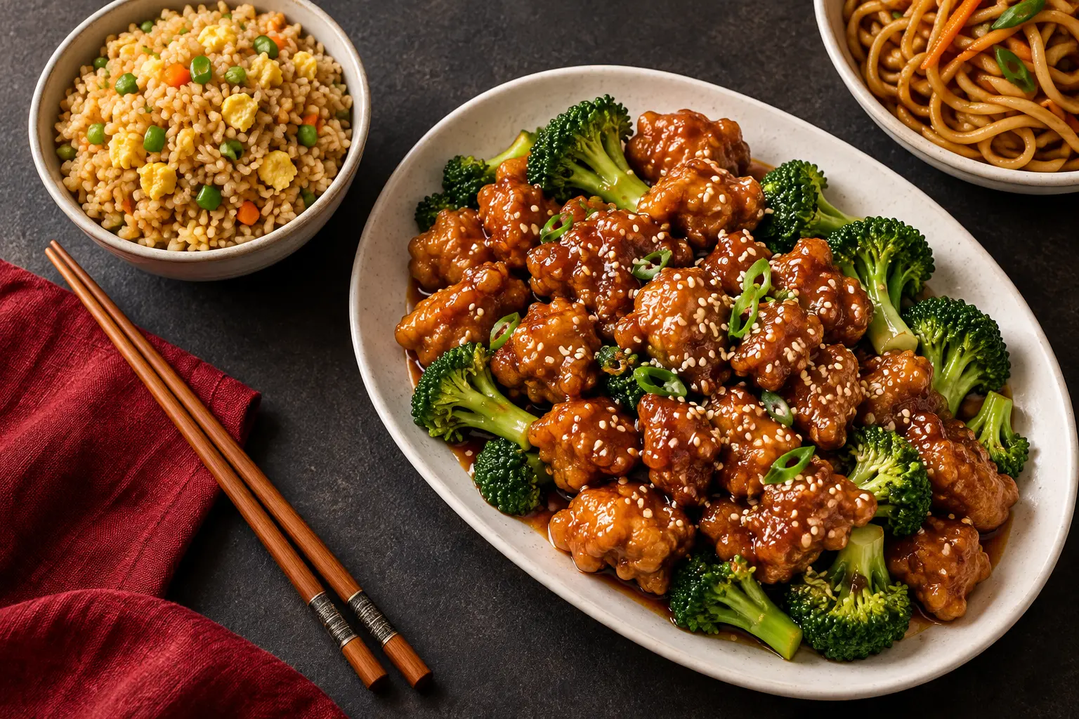 Illustrative Chinese meal with sesame chicken, broccoli, fried rice, and noodles